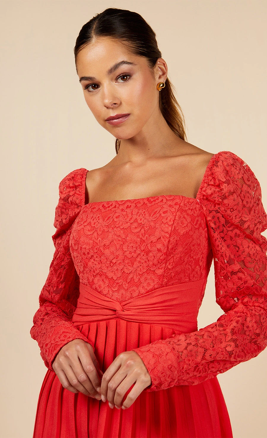 Little Mistress Coral Lace And Pleated Hem Midi Dress - Image 2