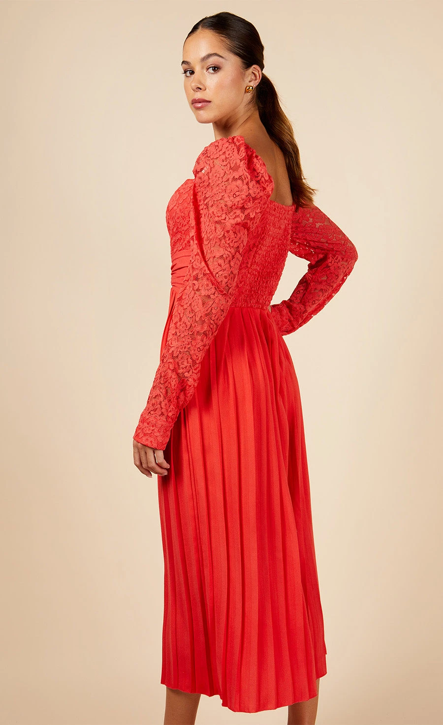 Little Mistress Coral Lace And Pleated Hem Midi Dress - Image 3