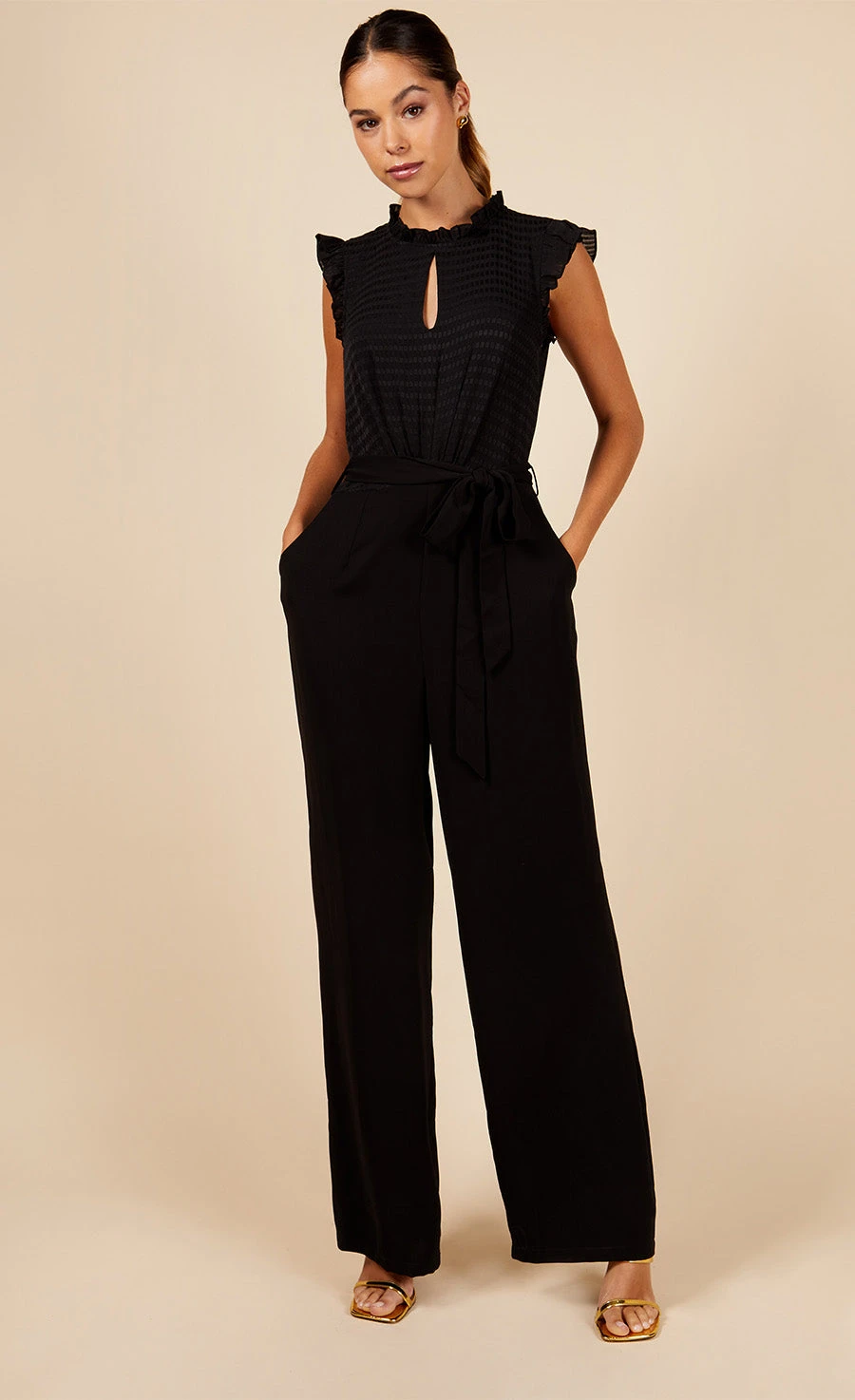 Little Mistress Black Check Frill Detail Jumpsuit - Image 2