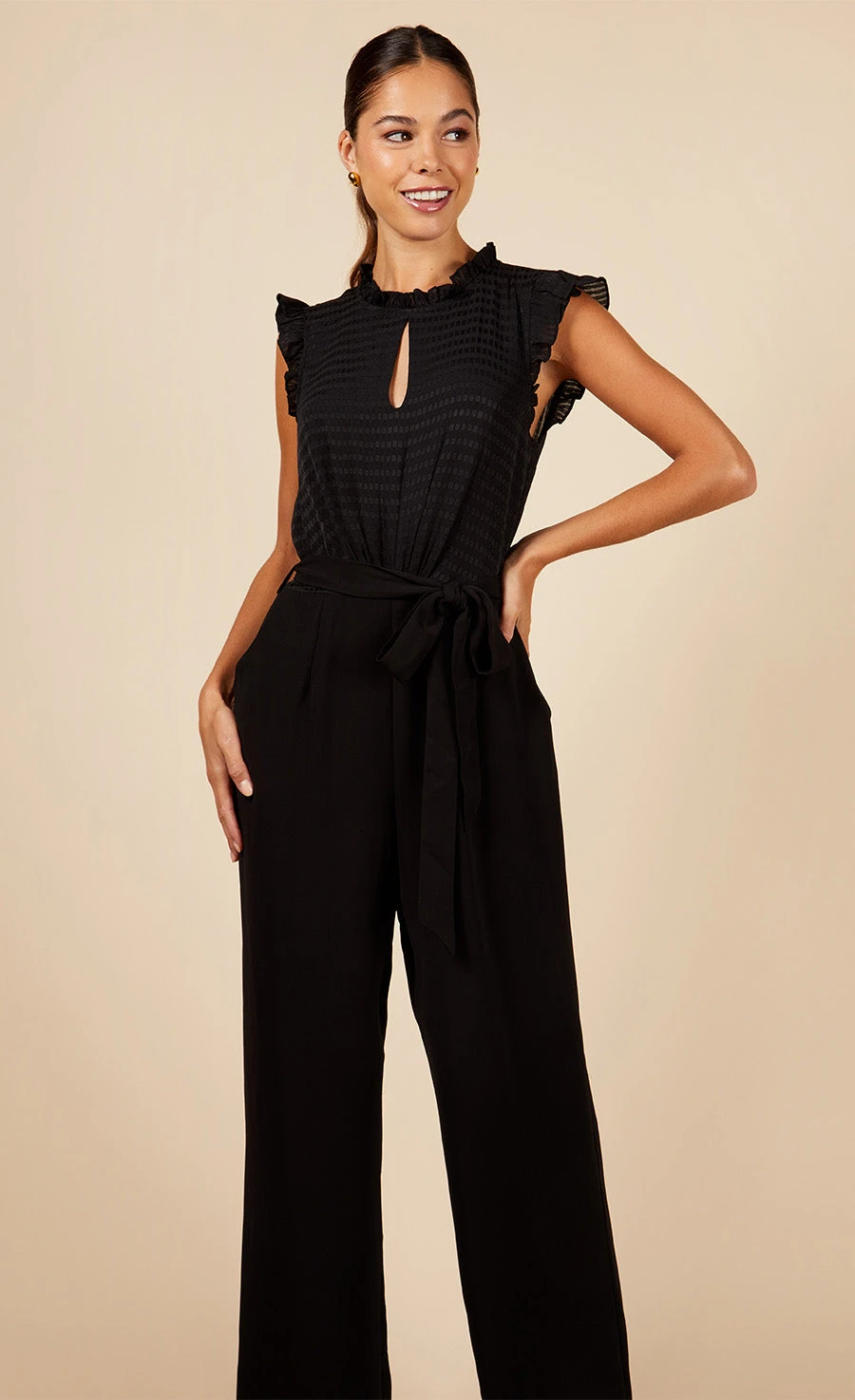 Little Mistress Black Check Frill Detail Jumpsuit - Image 4