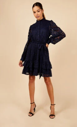 Little Mistress Navy Lace Mini Shirt Dress