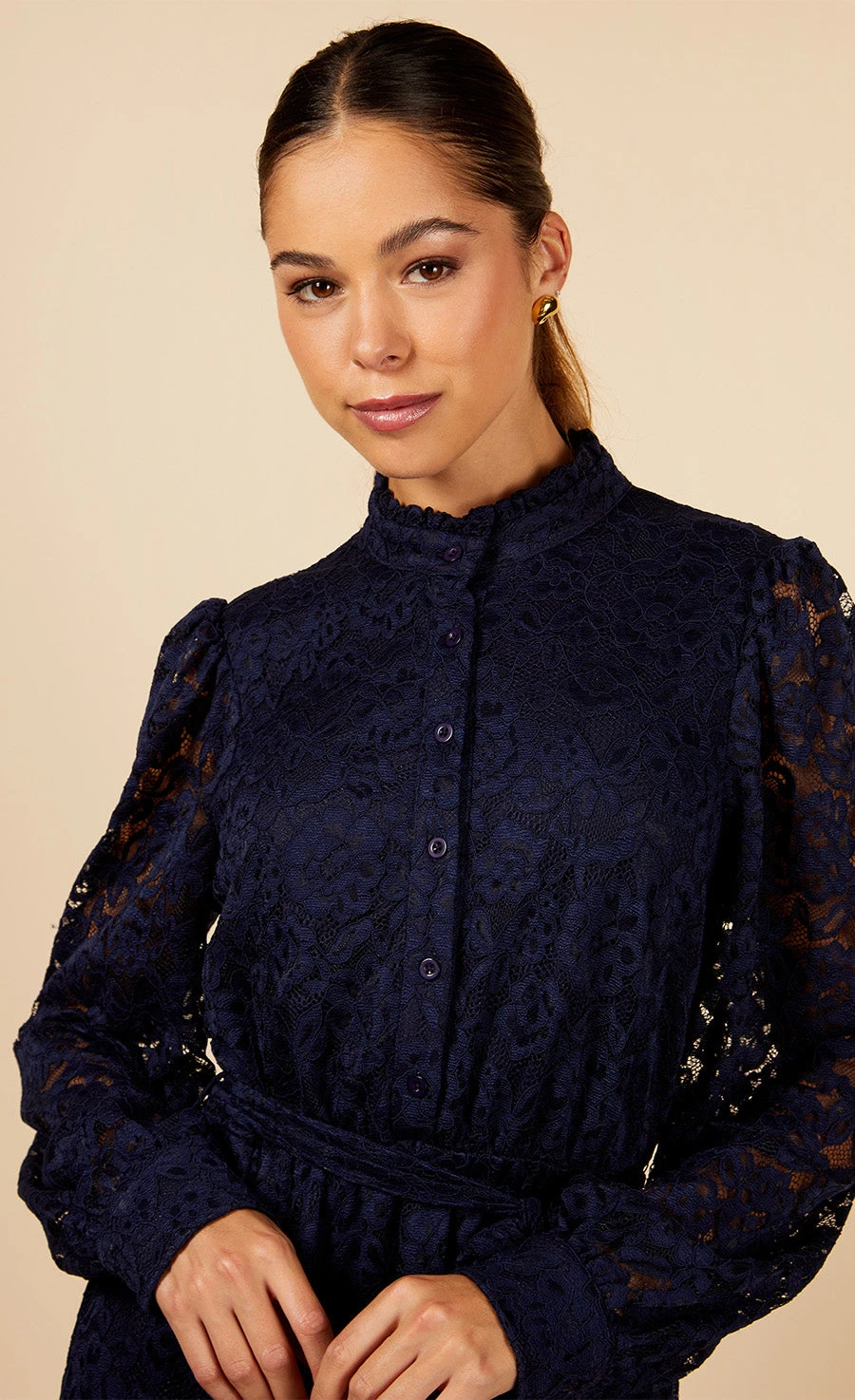 Little Mistress Navy Lace Mini Shirt Dress - Image 3