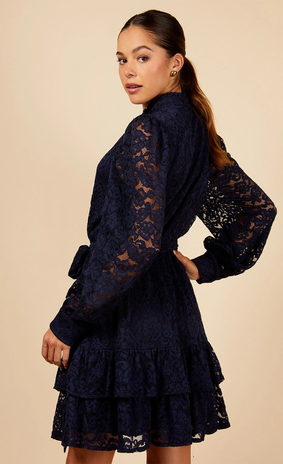 Little Mistress Navy Lace Mini Shirt Dress - Image 2