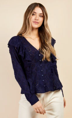 Little Mistress Navy Broderie Frill Top By Vogue Williams
