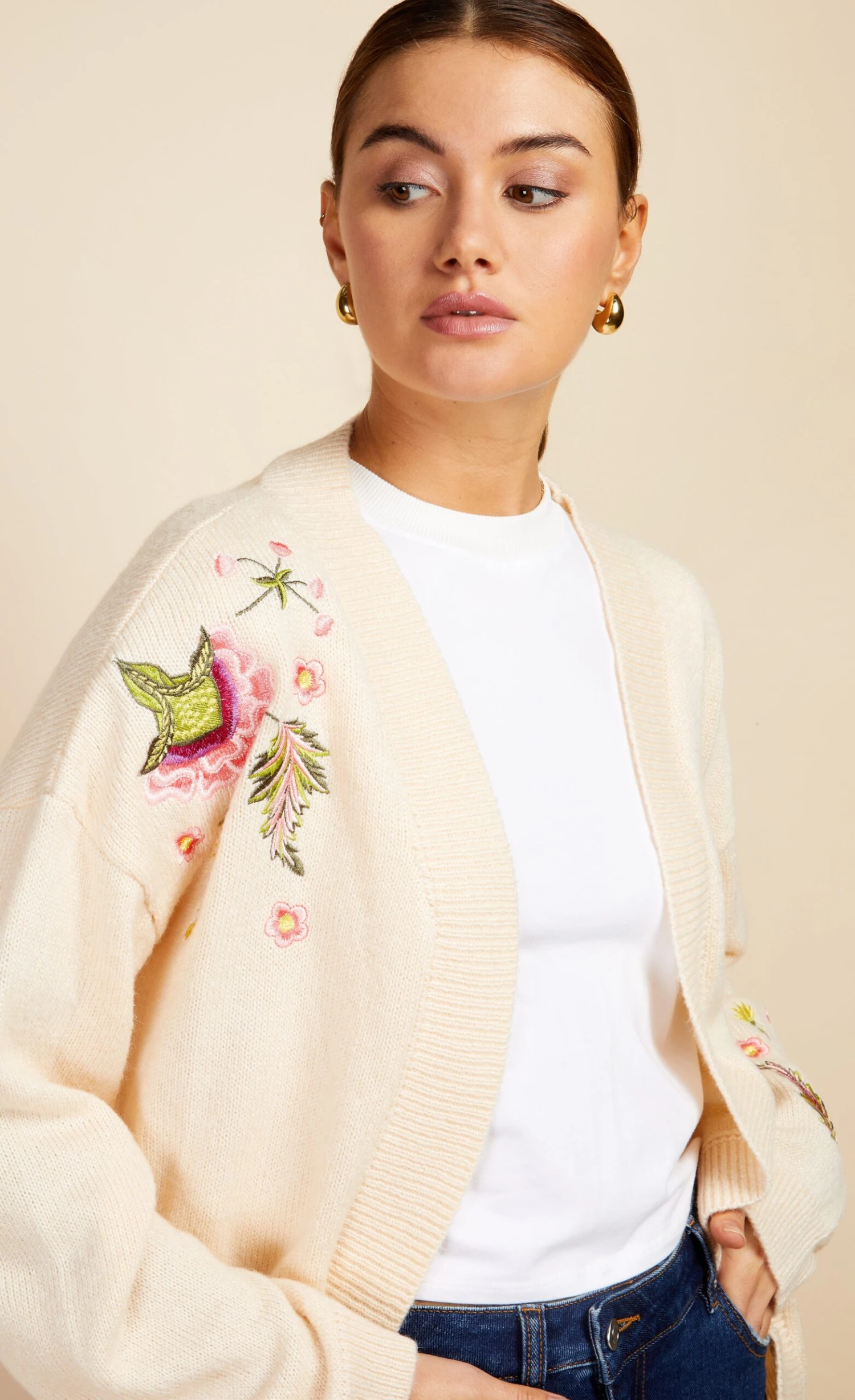 Little Mistress Oatmeal Embroidery Knit Cardigan By Vogue Williams - Image 2