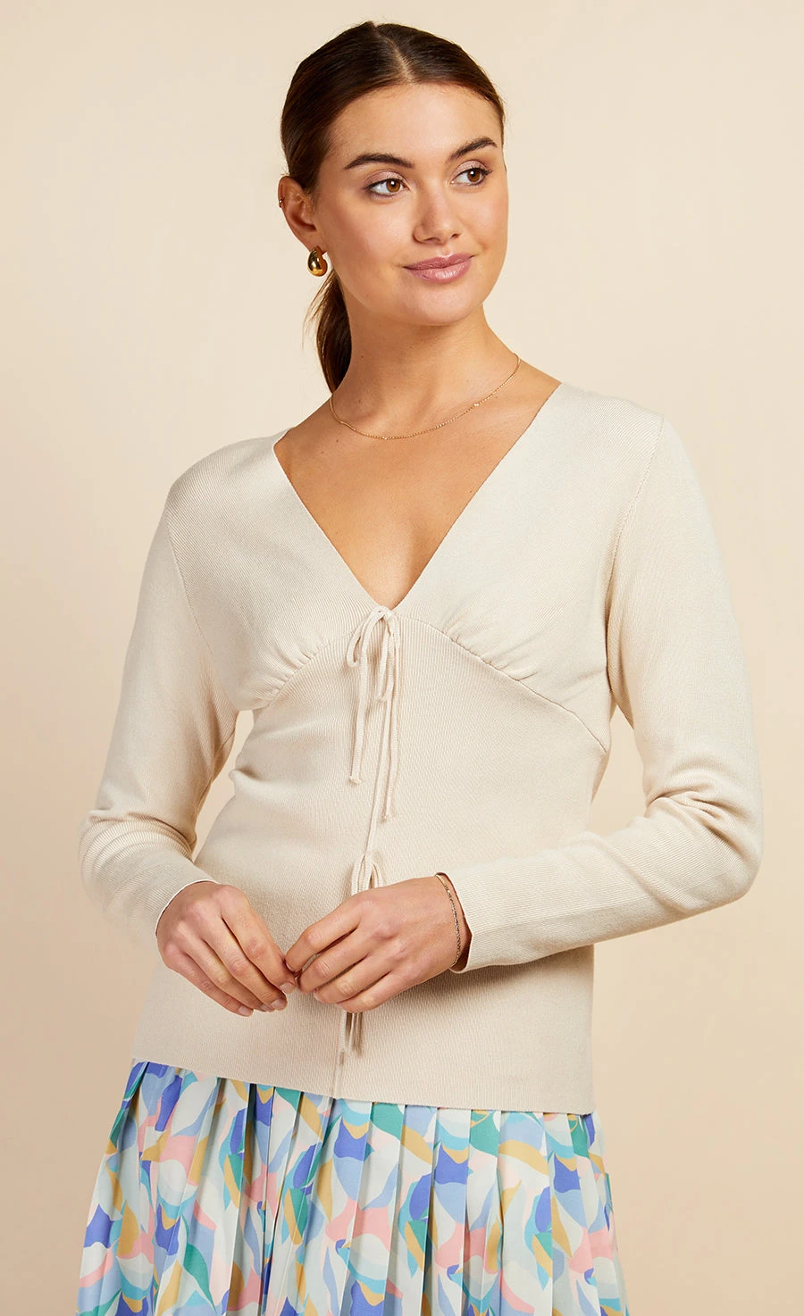 Little Mistress Cream Tie Detail Knit Top By Vogue Williams - Image 2