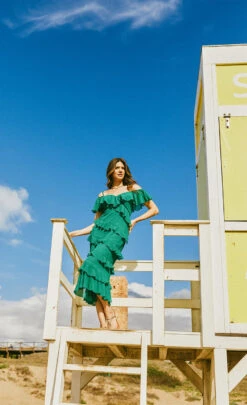 Little Mistress Green Frill Cold Shoulder Midi Dress