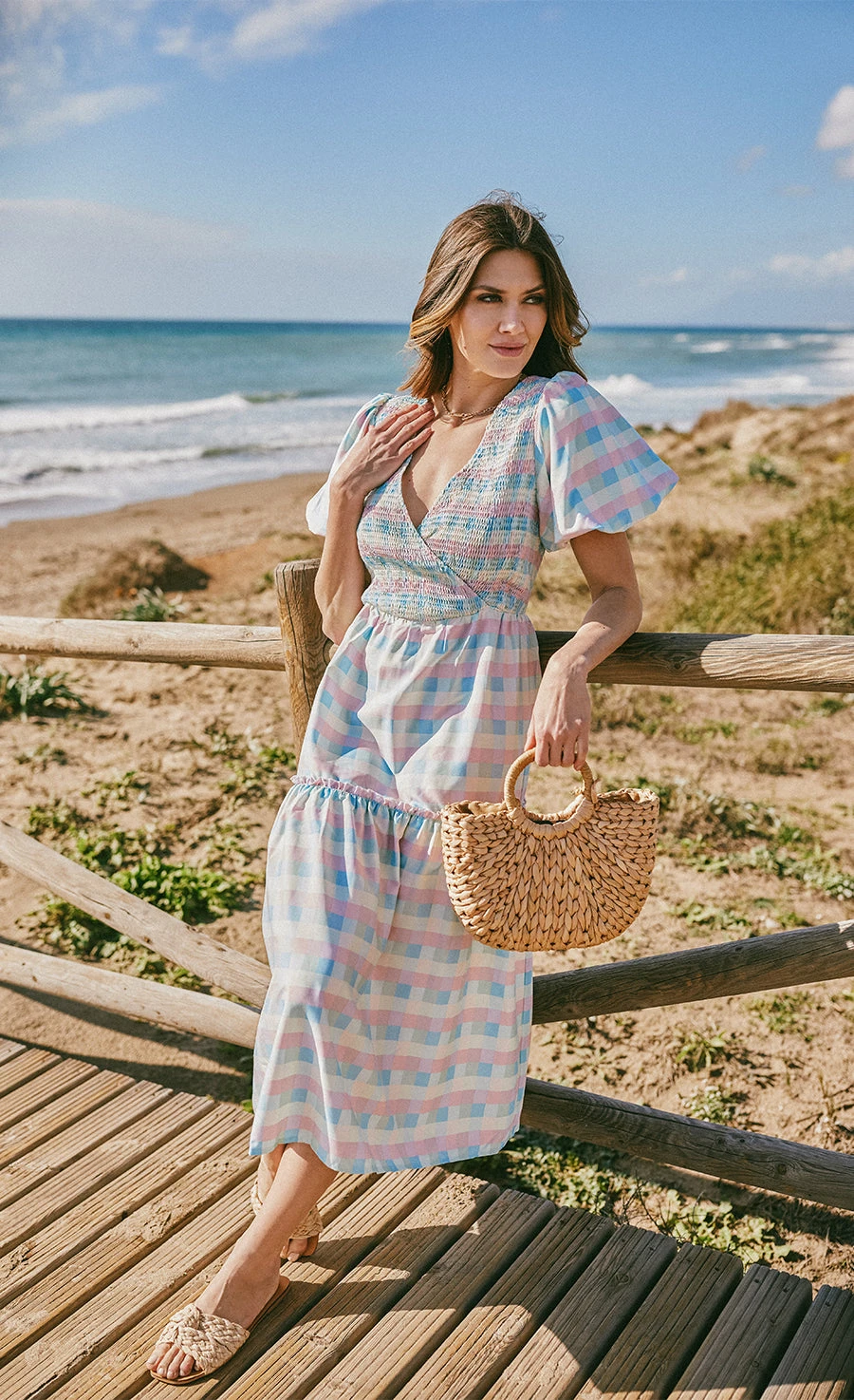 Little Mistress Pastel Check Puff Sleeve Midi Dress