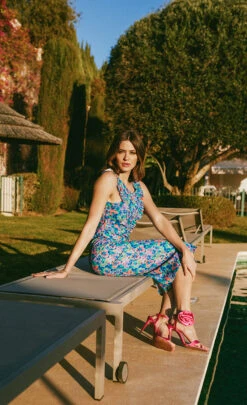 Little Mistress Blue Floral Print Crossover Neckline Midi Dress