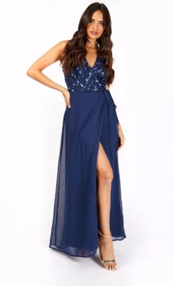 Little Mistress Kerri Navy Embellished Tie Waist Maxi Dress