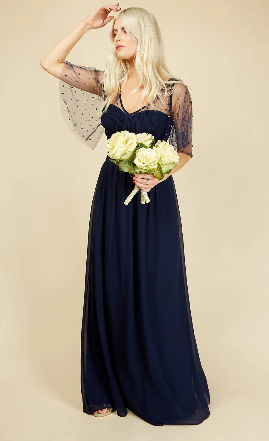 Little Mistress Melissa Bridesmaid Navy Angel Sleeve Maxi Dress