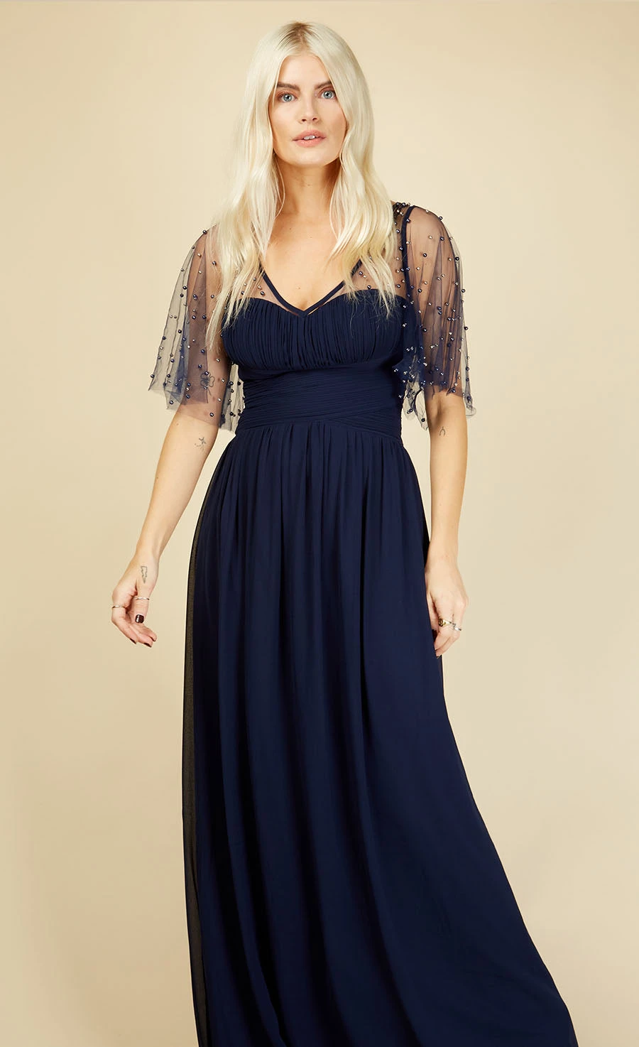 Little Mistress Melissa Bridesmaid Navy Angel Sleeve Maxi Dress - Image 3