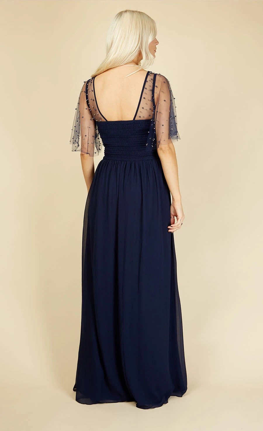 Little Mistress Melissa Bridesmaid Navy Angel Sleeve Maxi Dress - Image 4