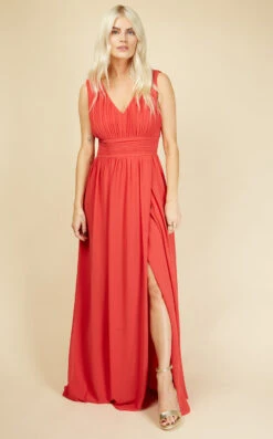 Little Mistress Alexa Coral Plunge Neckline Maxi Dress