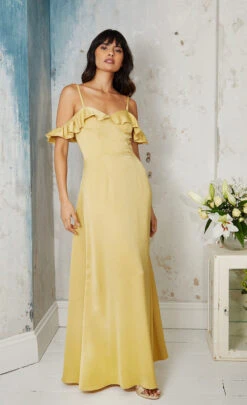 Little Mistress Yellow Frill Cold-Shoulder Maxi Dress