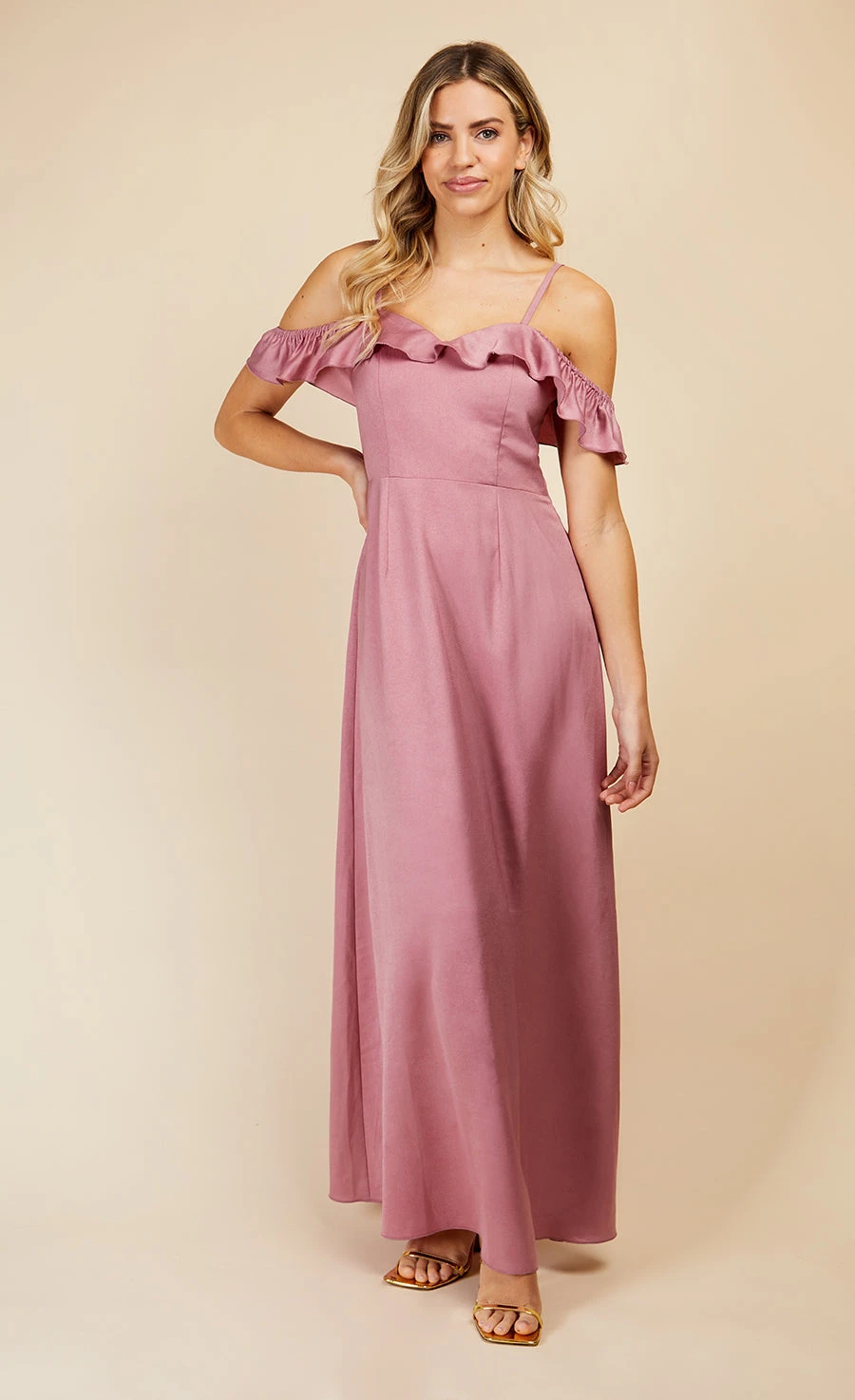 Little Mistress Rose Quartz Frill Cold-Shoulder Maxi Dress