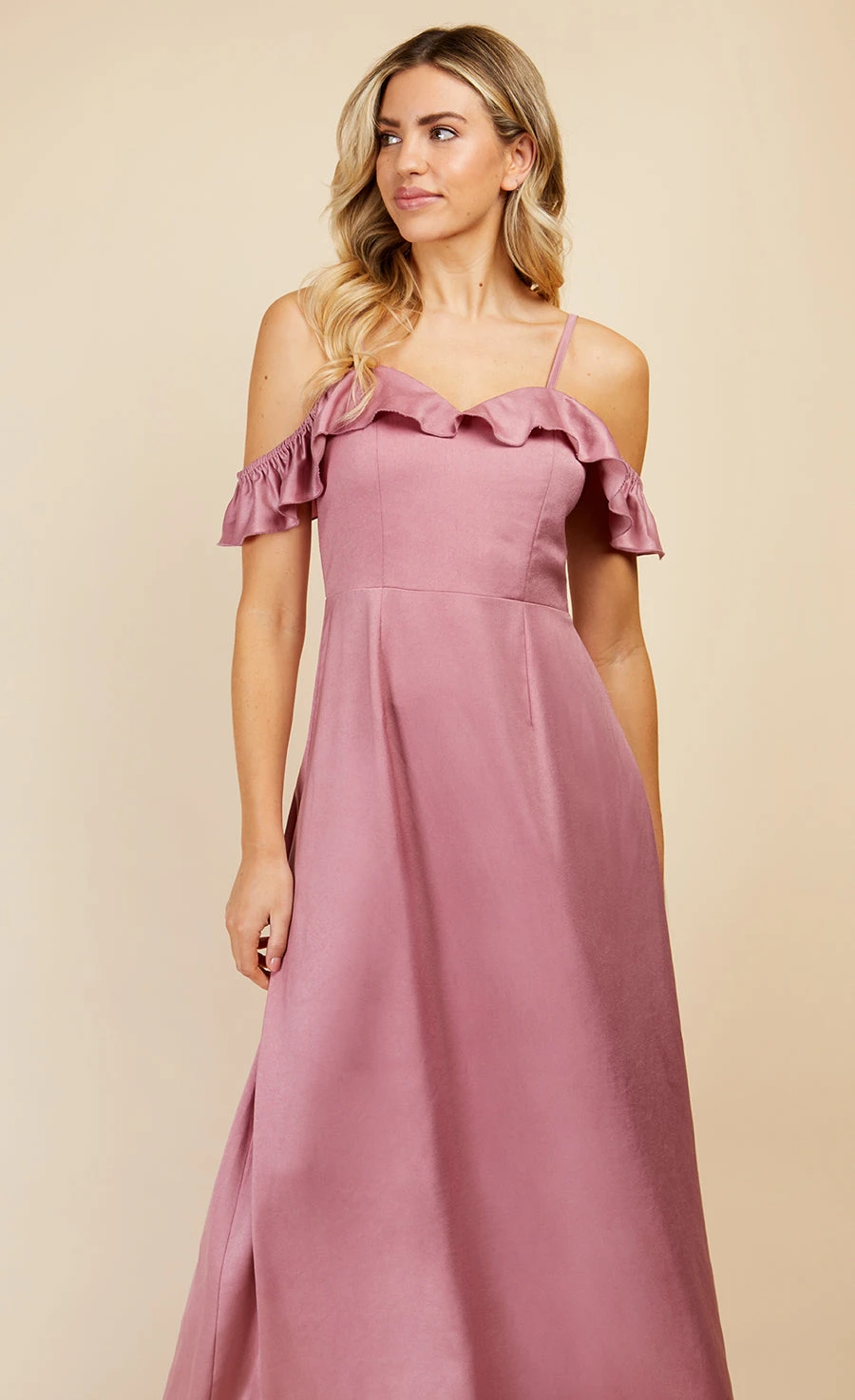 Little Mistress Rose Quartz Frill Cold-Shoulder Maxi Dress - Image 3