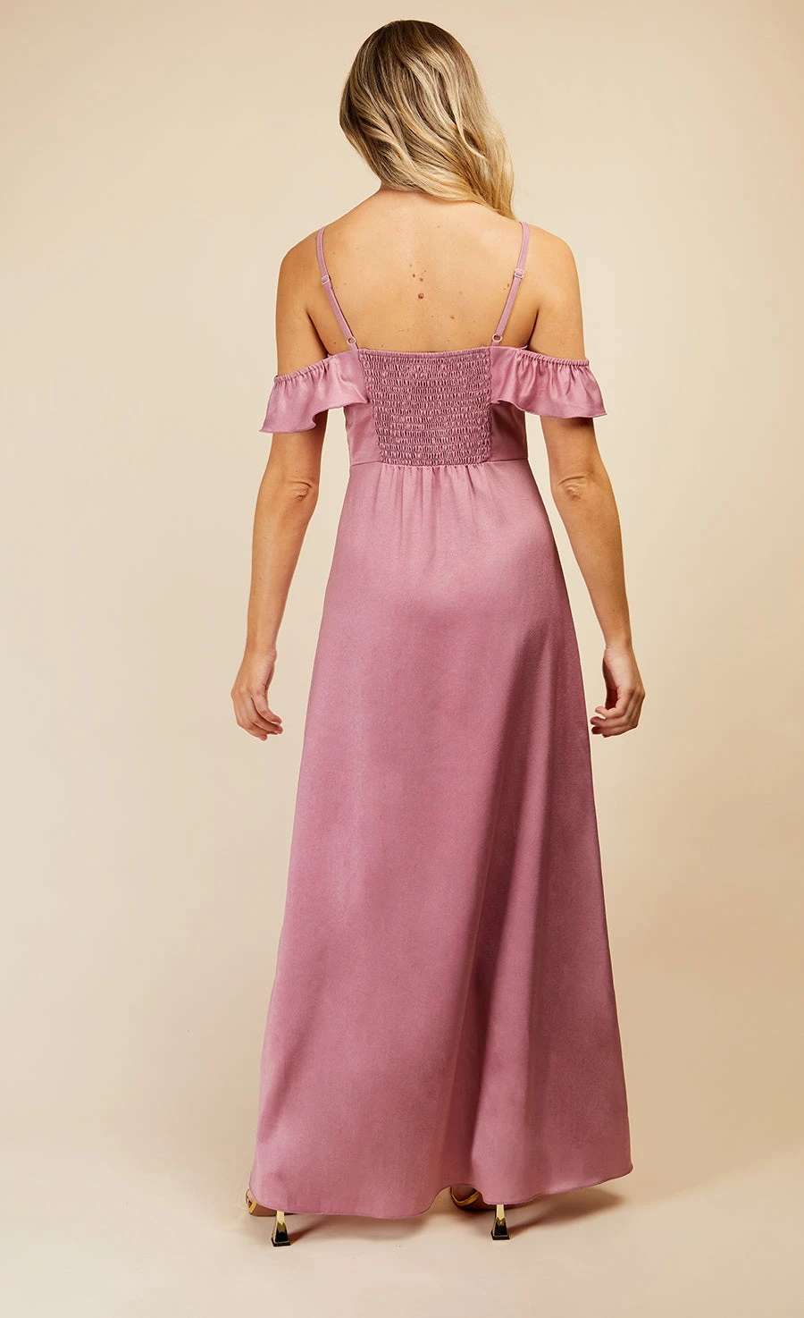 Little Mistress Rose Quartz Frill Cold-Shoulder Maxi Dress - Image 4