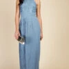 Little Mistress Steel Blue Lace And Pleated Hem Maxi Dress