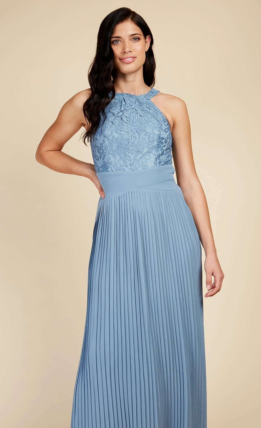 Little Mistress Steel Blue Lace And Pleated Hem Maxi Dress - Image 3