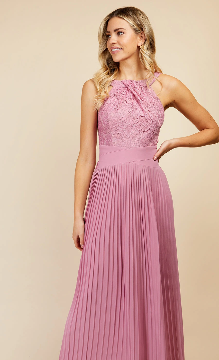 Little Mistress Rose Quartz Lace And Pleated Hem Maxi Dress - Image 3