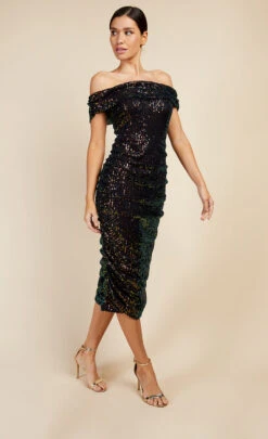 Little Mistress Hoxton Sequin Bardot Ruched Bodycon Midi Dress