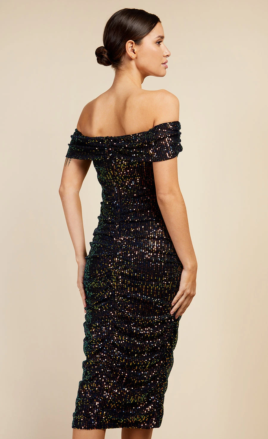 Little Mistress Hoxton Sequin Bardot Ruched Bodycon Midi Dress - Image 4